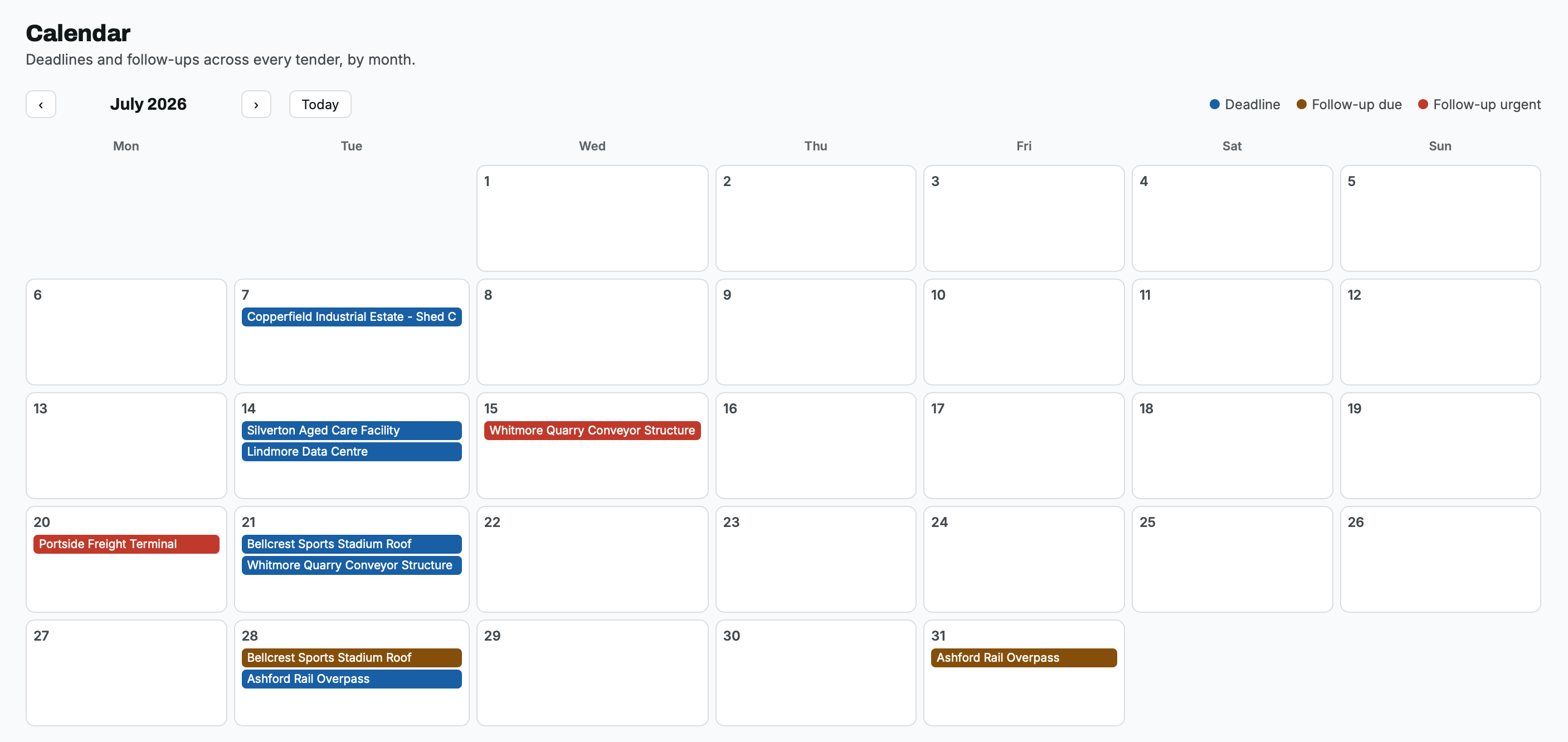 TenderLog Calendar