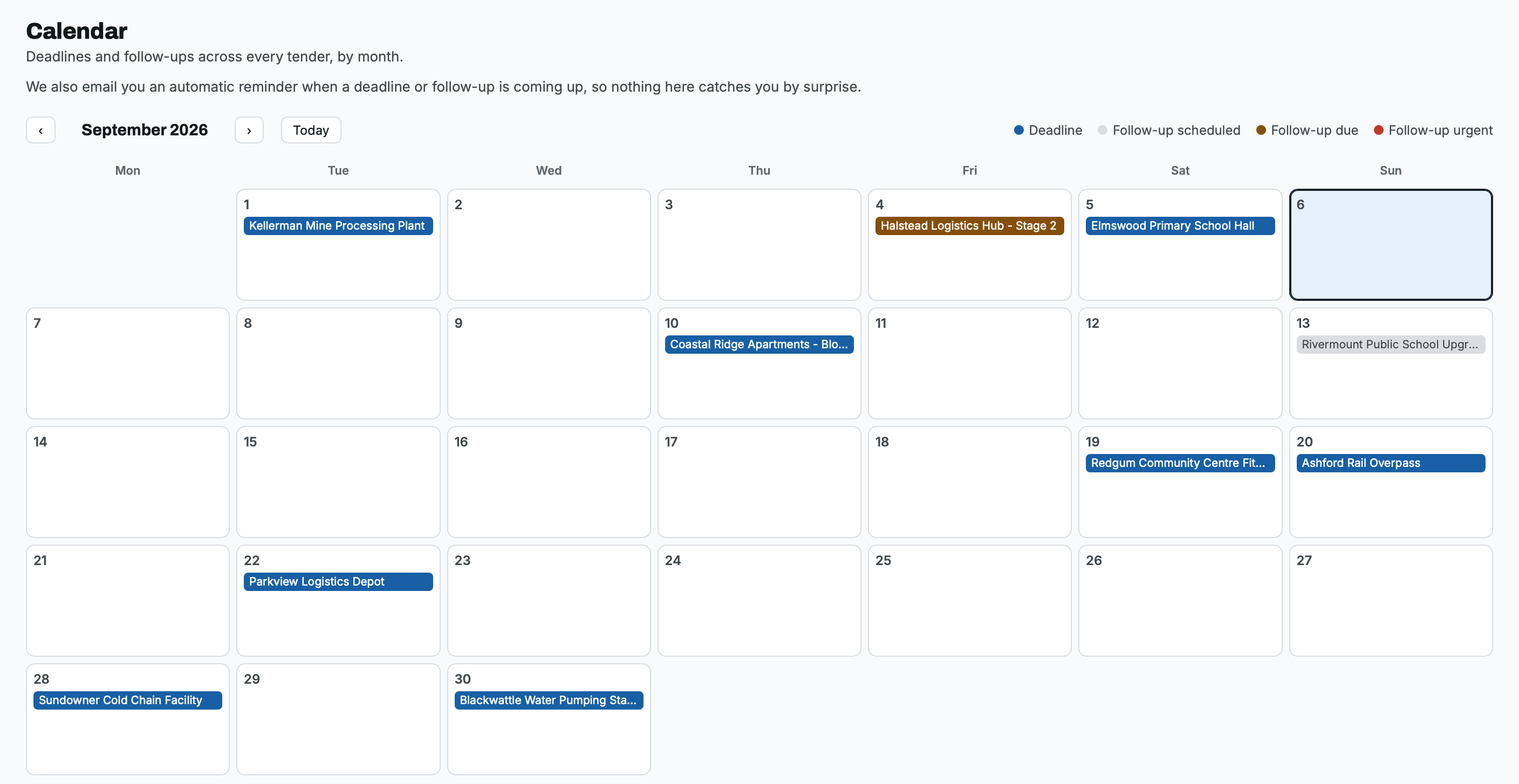 TenderLog Calendar -- subcontractor view