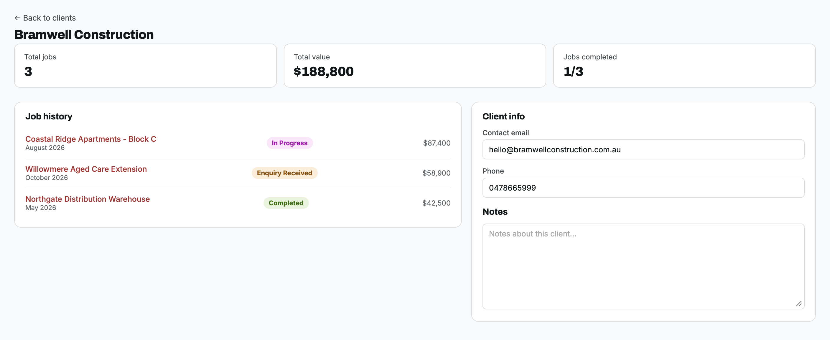 TenderLog Client detail -- subcontractor view