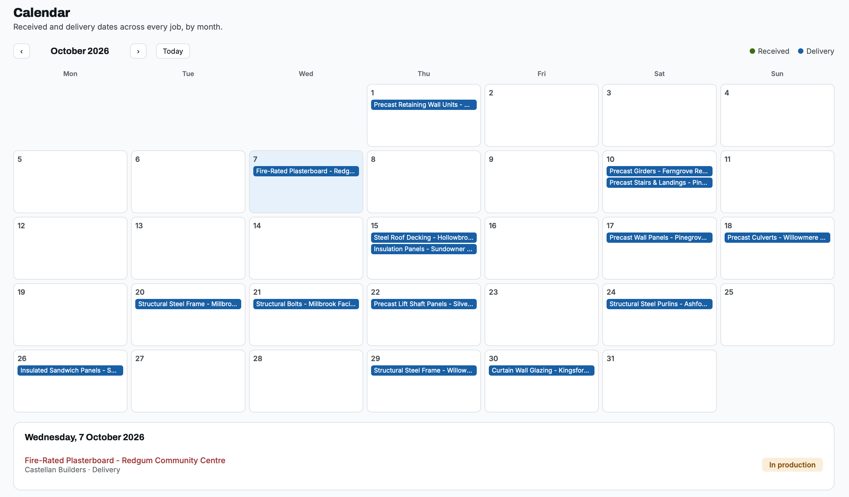 TenderLog Calendar -- supplier view