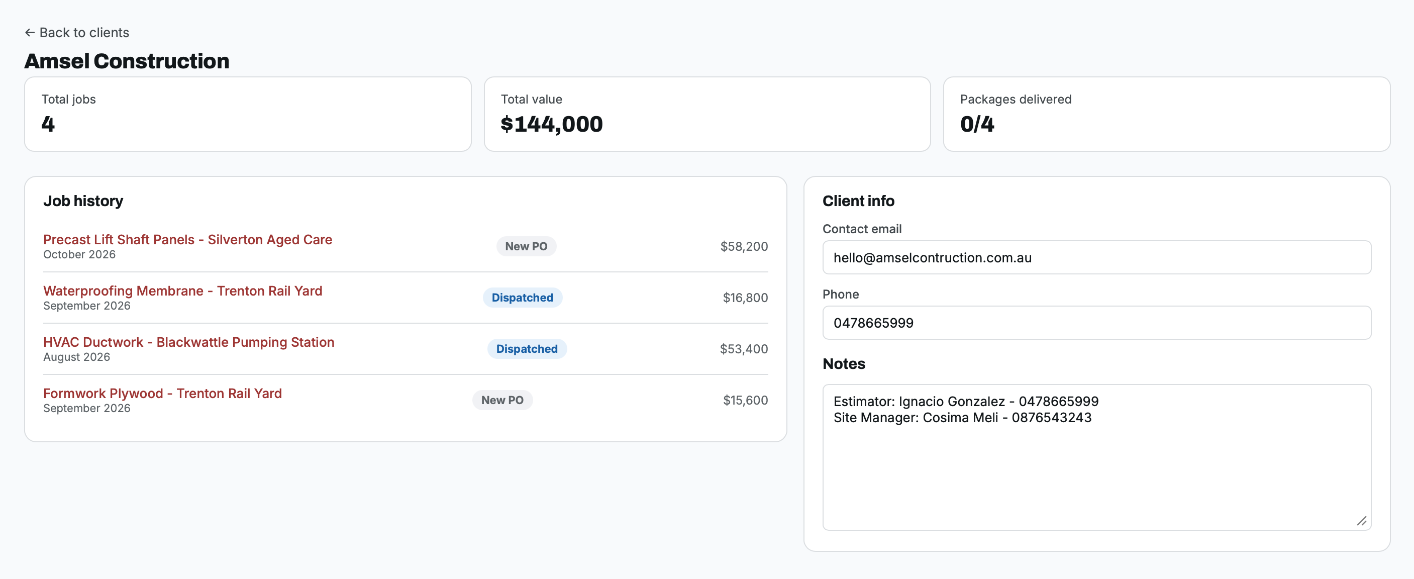 TenderLog Client detail -- supplier view