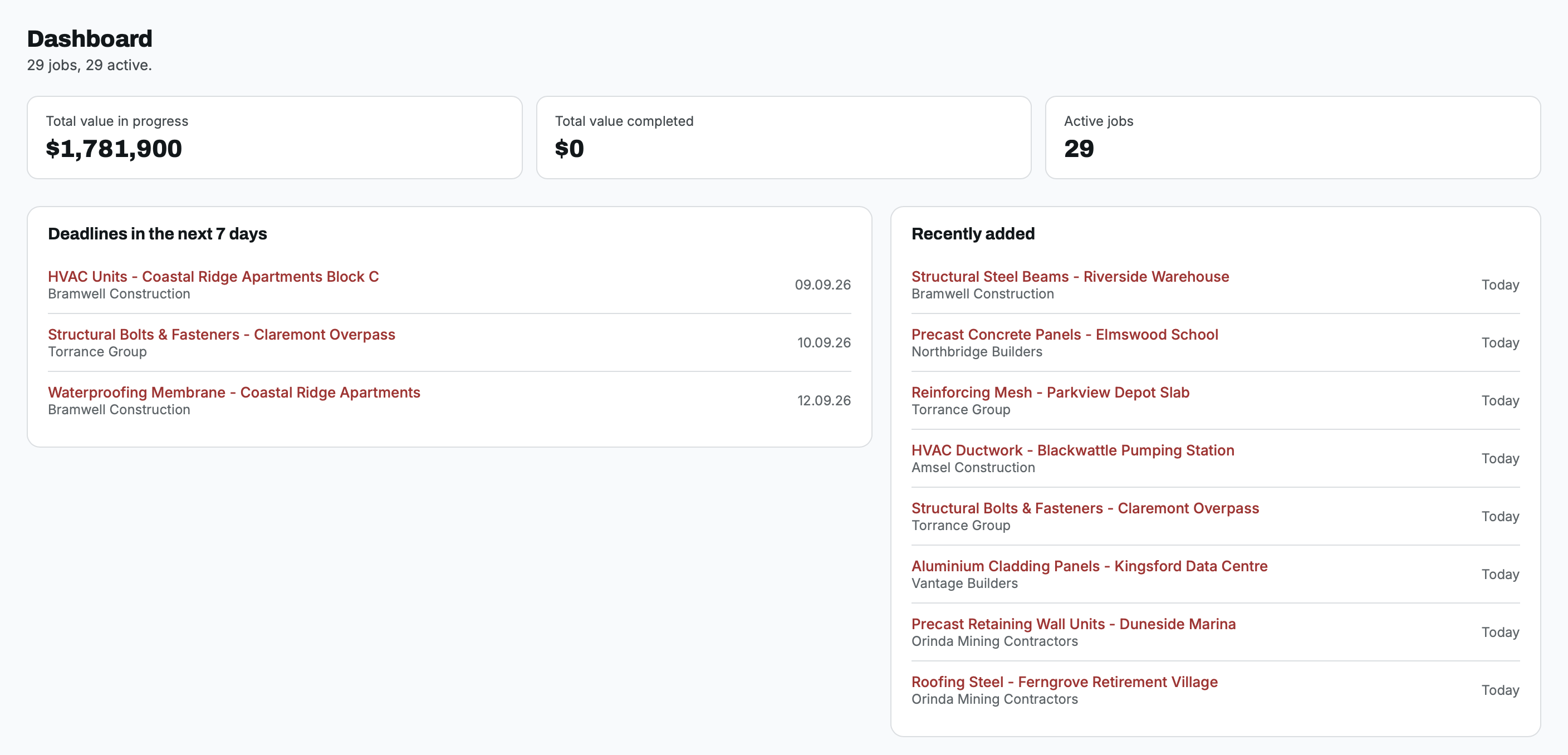TenderLog Dashboard -- supplier view