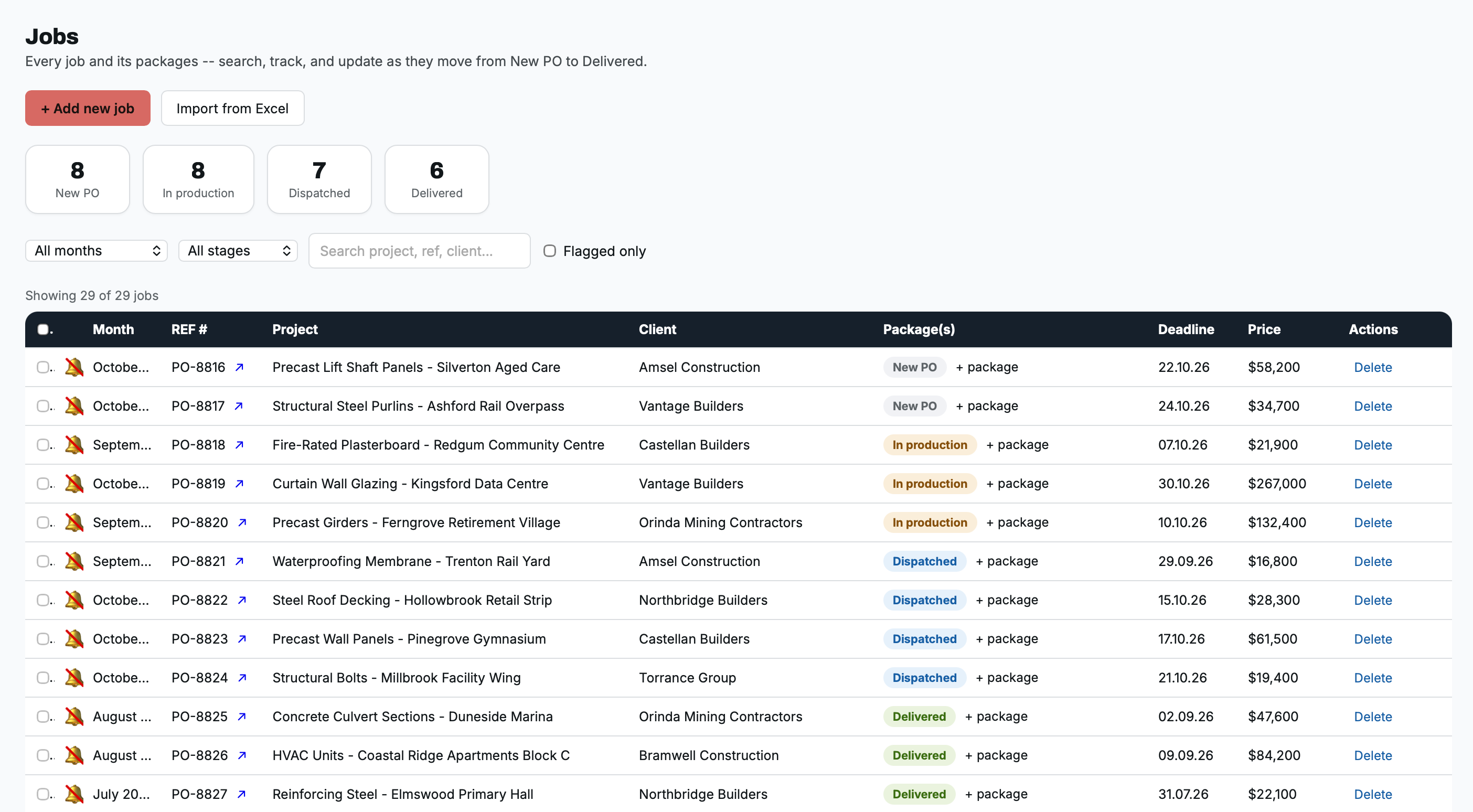 TenderLog Jobs table -- supplier view